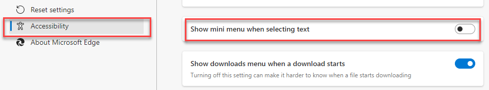 Figure 3 - Disable mini menu when selecting text