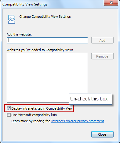 Figure 3 - Un-check box which engages Compatibility View on intranet sites