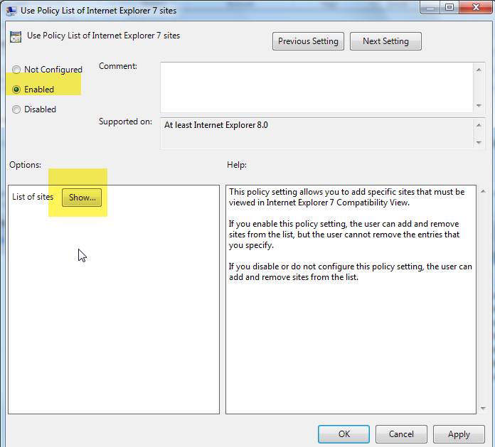 Show Internet Explorer 7 Policy list